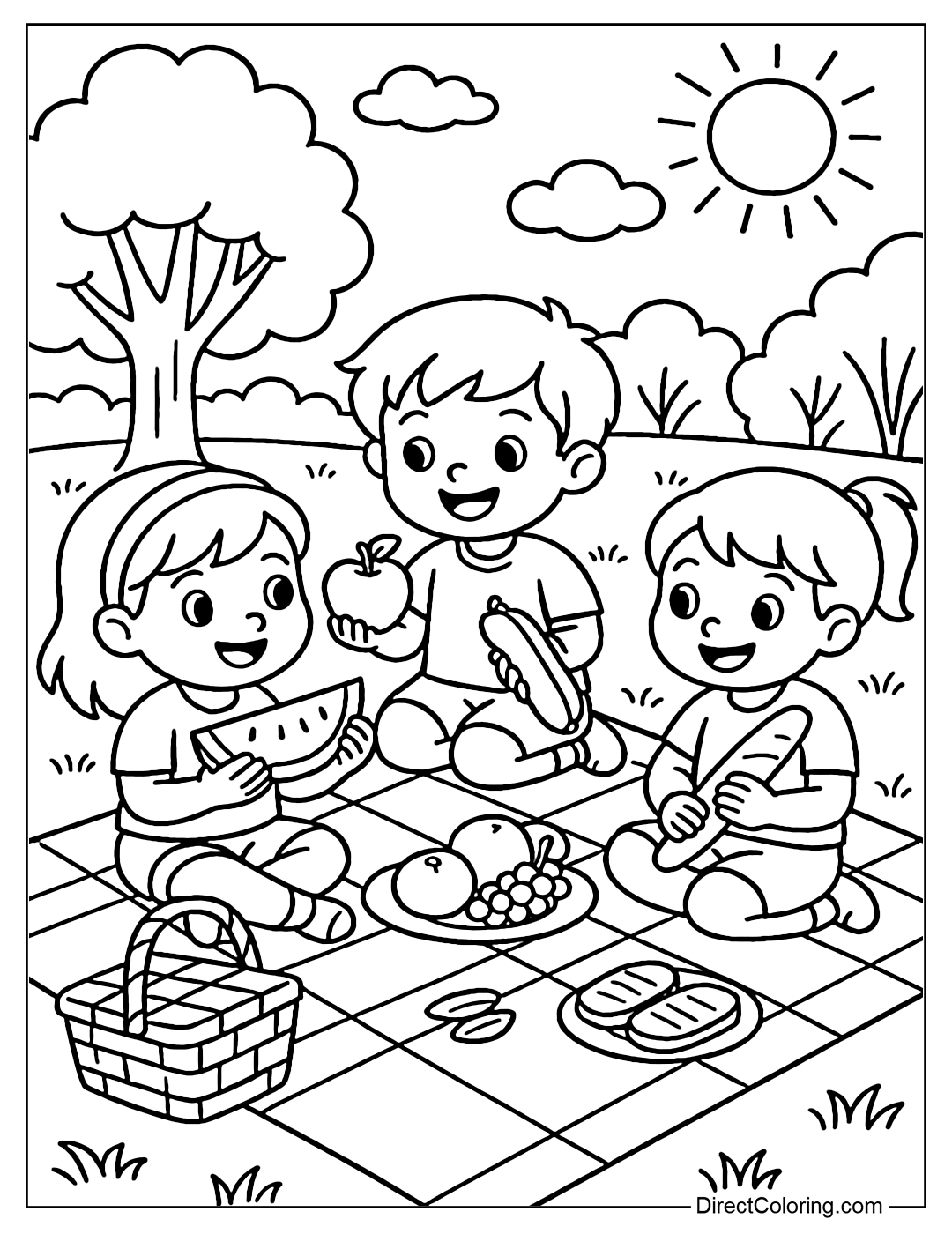 Coloring page of children sitting on a picnic rug, sharing fruit and bread.